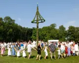 Människor dansar runt en midsommarstång i en grönskande park. Många barn med blomsterkransar i håret deltar i firandet.