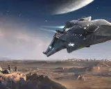 Statek kosmiczny nad obcą planetą, gdzie dwaj astronauci obserwują bazę. Scena jak z najlepszych **grach o kosmosie**.