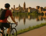 Ciclista ammira il panorama di Ferrara Mantova al tramonto, con riflessi sull'acqua.