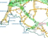 Mapa drogowa z zaznaczonymi miejscowościami i numerami dróg, w tym fragment trasy S5.