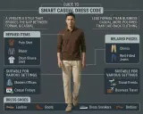 A man models a smart casual outfit, featuring a brown polo shirt and light-colored chinos. The graphic explains what chinos are as part of a relaxed clothing style.