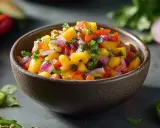 En skål med färgglad mango salsa, full av söta mangobitar, rödlök och koriander. Perfekt till grillat!