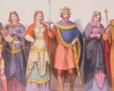 Sechs Figuren in mittelalterlicher Kleidung, darunter ein adliger Mann mit Schwert und Krone, posieren für ein Bild.