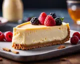 Tranche de cheesecake crémeux garnie de framboises et mûres, sur un lit de caramel et croûte biscuitée. Un délice de fourrage gâteau !