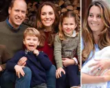 Prins William med sina barn, George, Charlotte och Louis, samt Kate som håller ett spädbarn.