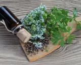 Coriander przyprawa do czego? Na desce leżą nasiona kolendry, jej kwiaty i liście, obok ciemna buteleczka.