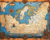 Stara mapa morska z wiatrowskazem i żaglowcami. Widoczne symbole na mapie morskiej wskazują na dawne szlaki żeglugowe i nieznane lądy.