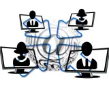 Vier Monitore mit Silhouetten von Personen, verbunden durch blaue Linien, umgeben von einem großen @-Symbol. Dies symbolisiert die Vernetzung und die Bedeutung von Online-Kommunikation, aber auch die Gefahr von "hijacking" – der Übernahme von Accounts.