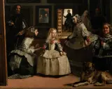 El prado para niños: Velázquez pinta a la infanta Margarita y su corte. Un perro descansa mientras el artista trabaja en un lienzo.