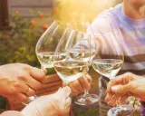 Ein fröhlicher weinabend mit freunden im Garten. Gläser mit Weißwein stoßen an, die Sonne scheint.