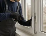 Técnico con guantes negros repara una ventana de aluminio antigua, ajustando el mecanismo con un destornillador.
