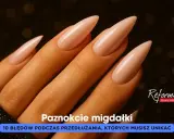 Dłonie z idealnie wykonanymi paznokciami żelowymi w kształcie migdałka. Poznaj prawidłową budowę paznokcia żelowego i unikaj błędów.