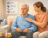 Mann mit COPD erhält Sauerstoff. Eine Pflegerin legt ihm beruhigend die Hand auf die Brust. Hohe Luftfeuchtigkeit kann bei COPD belastend sein.