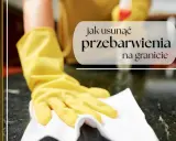 Ręka w żółtej rękawiczce czyści granitową powierzchnię, pokazując, jak usunąć przebarwienia.