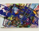 Vibrant abstract painting with bold blue shapes and energetic lines, displayed at Asya Geisberg Gallery.