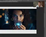 Mujer con mirada intensa sostiene una esfera brillante, editando la imagen con Adobe Firefly Beta.