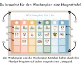 Magnetischer Tagesplan für Kinder: Wochenplan-Vorlage mit bunten Kärtchen für Kindergarten, Spielbesuch, Fußball und mehr.
