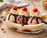 Délicieuse recette banana split : trois boules de glace (vanille, chocolat, fraise) sur une banane coupée, nappées de chocolat, chantilly et cerises.