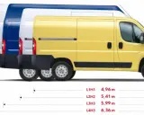 Furgonetas de diferentes tamaños, mostrando cuánto mide un coche de largo en varias configuraciones: 4,96m, 5,41m, 5,99m y 6,36m.