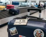 Granatowa walizka z etykietą "€ 50 CHECKED BAGGAGE FEE" na taśmie bagażowej na lotnisku.