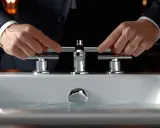 Mains d'un homme en costume ajustant un robinet de luxe. Le raccord asymétrique du mitigeur est mis en valeur.