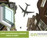 Ilustración de un perfil intercalario para doble acristalamiento, con un avión sobrevolando edificios.