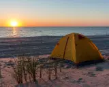 Żółty namiot na piaszczystej plaży, idealne miejsce na namioty z widokiem na zachód słońca nad morzem.