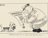 Karikatur DDR/BRD: Ein sowjetischer General präsentiert einem traurigen Dackel namens Pankow eine "Souveränitätserklärung".