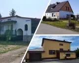 Trzy domy, jeden z balkonem, drugi z bramą, trzeci żółty z garażem. Potencjalna licytacja nieruchomości kpc.