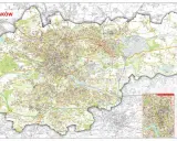 Szczegółowy plan Krakowa z zaznaczonymi drogami, parkami i osiedlami. Widoczny jest również wycinek centrum miasta w większej skali.