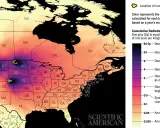 Mapa USA i Kanady z zaznaczonymi obszarami o różnym natężeniu promieniowania, symulująca skutki wybuchu bomby atomowej.