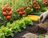 Main d'un jardinier ajoutant de l'engrais naturel à un potager luxuriant de tomates, laitues et courgettes.