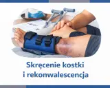 Osoba z widocznym siniakiem i opaską stabilizującą na kostce, obok kul. Objawy skręcenia kostki są widoczne.