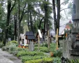 Cmentarz w Zakopanem, pełen drewnianych krzyży i rzeźb, otoczony zielenią.