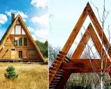 Maison en bois en forme de A, un style architectural qui pourrait influencer le prix maison en a. Structure en bois avec des poutres apparentes.