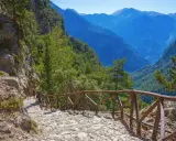 Wanderweg in einer atemberaubenden **Schlucht auf Kreta**. Steile Felswände, grüne Bäume und ein tiefer Abgrund, gesichert durch einen hölzernen Zaun.