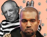 Kanye West i Picasso, dwaj artyści z różnych epok, zestawieni na pastelowym tle z kropkami.
