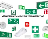Różnorodne znaki ewakuacyjne i oświetlenie awaryjne, w tym zielone tablice z piktogramami biegnących ludzi i strzałkami, sygnalizujące drogi ewakuacyjne.