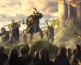 Wikingowie z Assassin's Creed Valhalla szykują się do ataku na zamek. Eivor gra na rogu, a jego wojownicy podnoszą broń.