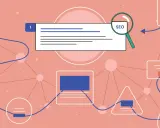 Schematyczne przedstawienie procesu SEO. Lupa z napisem "SEO" wskazuje na wyszukiwarkę. Różne kształty połączone liniami symbolizują etapy pracy.