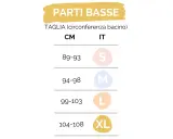 Tabella taglie per parti basse: la taglia S corrisponde a una circonferenza bacino di 89-93 cm.