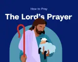 Ilustracja przedstawia Jezusa trzymającego owieczkę, z tekstem "The Lord's Prayer" i "How to Pray". To jak nauczyć się modlitwy Ojcze nasz po angielsku.