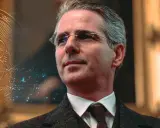 Portret mężczyzny w okularach, z Bitcoinem w tle. Czyżby nowy sekretarz skarbu USA rozważał przyszłość kryptowalut?