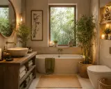 Un rilassante bagno verde e beige con vasca, lavabo, piante di bambù e una statua di Buddha.