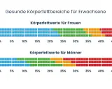 Gesunde Körperfettbereiche für Erwachsene: Frauen (20-79) und Männer (20-79) mit Werten von 0-50%. Ideal sind Werte um 10% Körperfett.