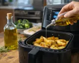 A mano vierte aceite de oliva virgen extra para cocinar sobre patatas en una freidora de aire.