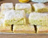 Fette di torta al cocco, soffici e dorate, cosparse di scaglie bianche. Un dolce profumato e invitante.