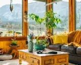 Un acogedor **salón estilo natural** con sofá de cuero, manta naranja, plantas y vistas a la montaña.