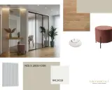 Un pouf tortora rgb, legno chiaro e campioni di colore per un progetto d'interni.