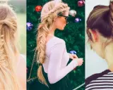 Tres peinados con trenza de espiga: uno recogido con adornos, otro lateral largo y uno recogido en coleta alta.